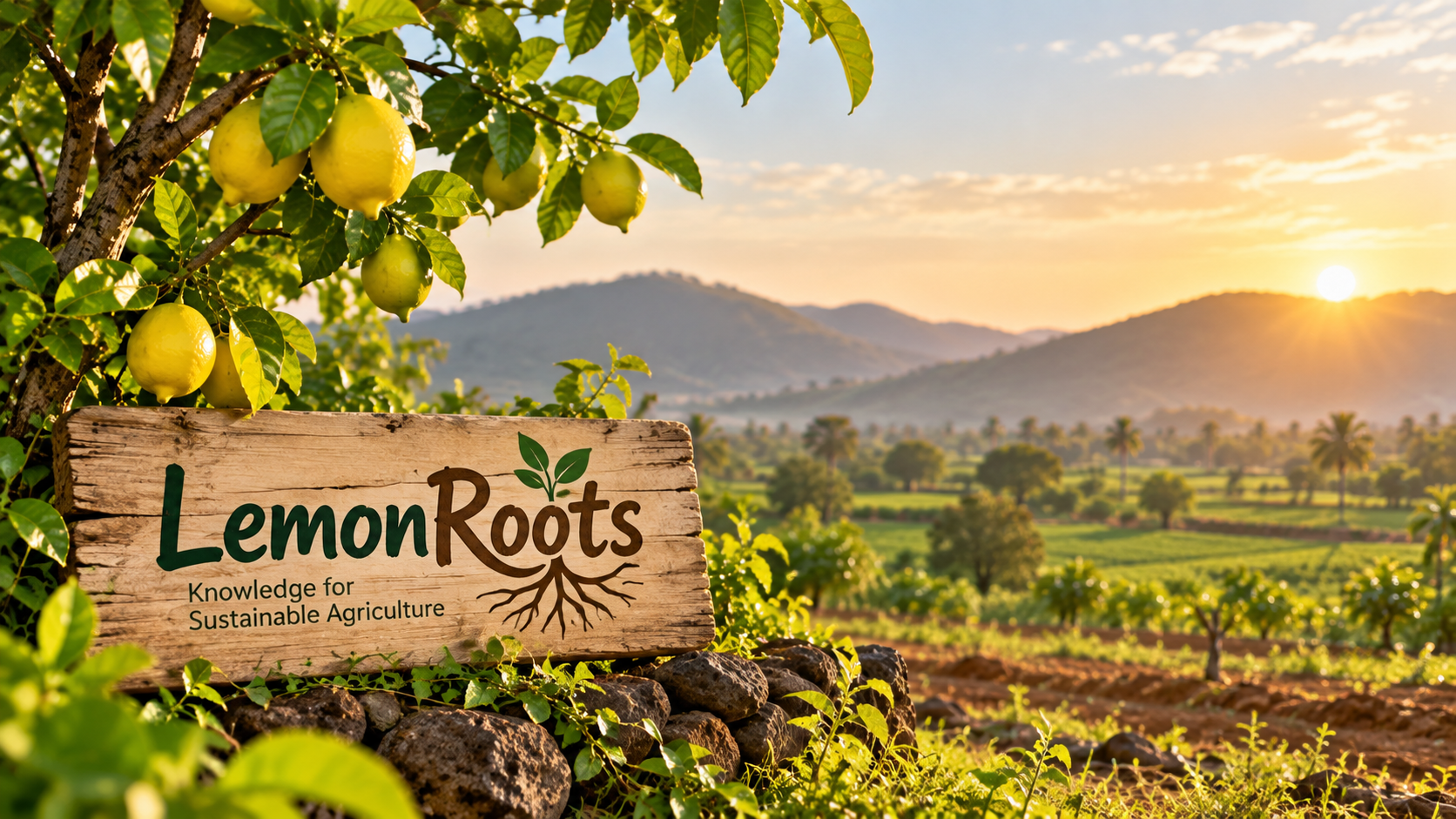 LemonRoots sign overlooking a farm at golden hour