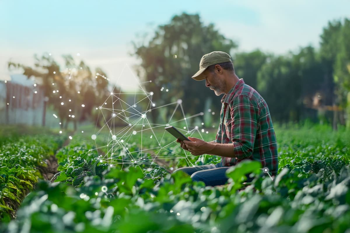 Indian farmer using a tablet in a technology-enabled field