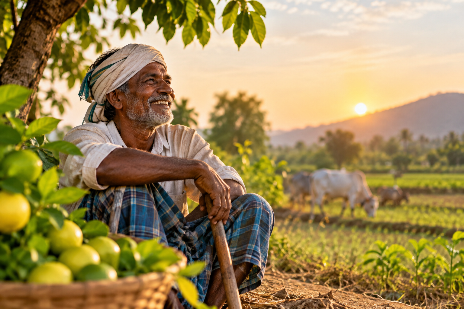 Farmer sitting among citrus trees at golden hour